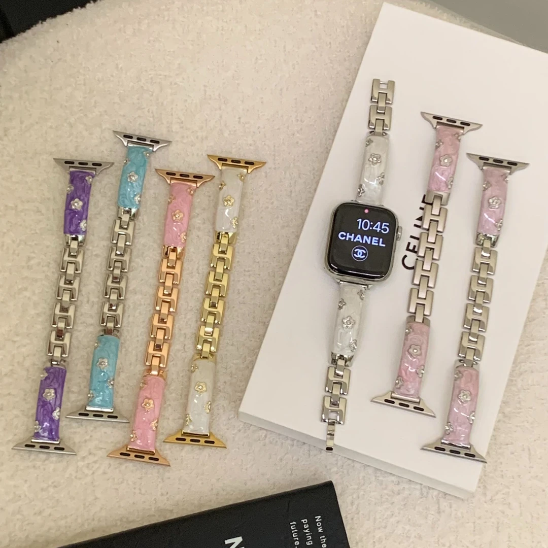 适用苹果手表iWatchS10表带S9花朵钻滴胶SE手镯S8金属女款高级7夏