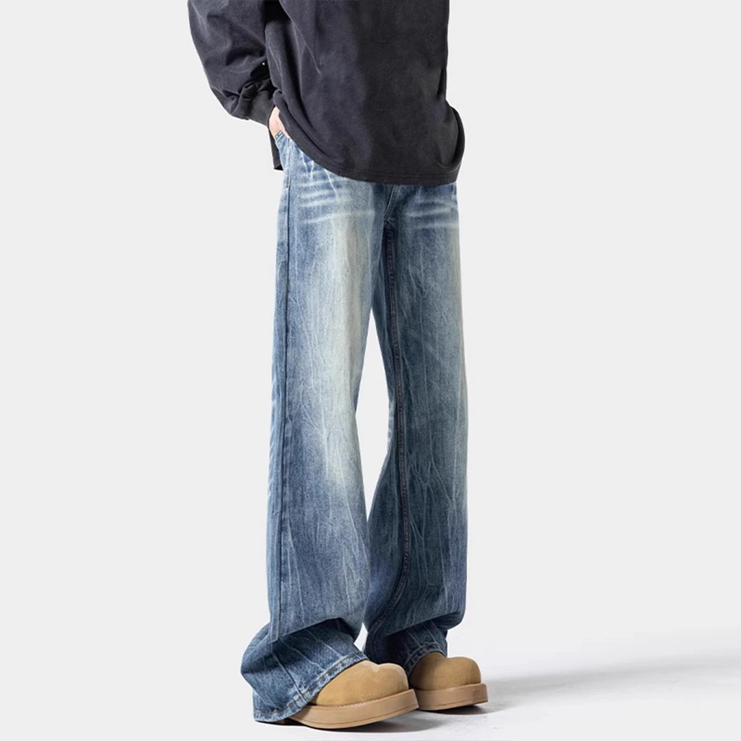 新品水洗复古闪电纹微喇牛仔裤男宽松直筒显瘦高街痞帅长裤子