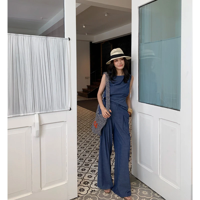 【ALONE SAVOR】龍喜儿 蓝汐  简约气质时尚夏季透气舒适套装J257