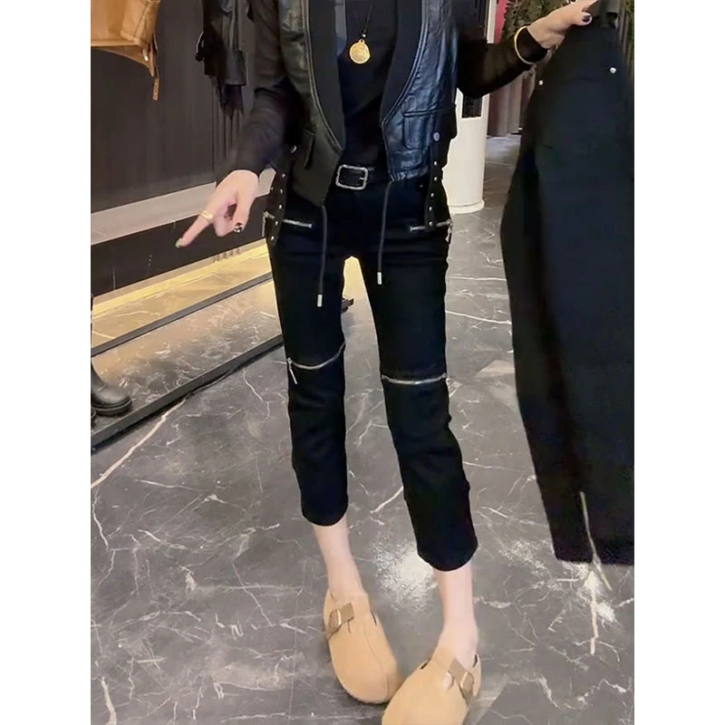 梦茹萱秋季新款潮流双拉链设计牛仔裤女款胖mm显瘦直筒弹力烟管裤