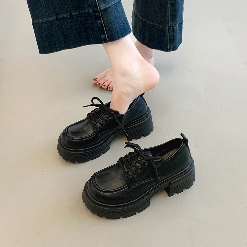厚底增高英伦风乐福鞋春秋小皮鞋女2025新款系带松糕粗跟百搭单鞋