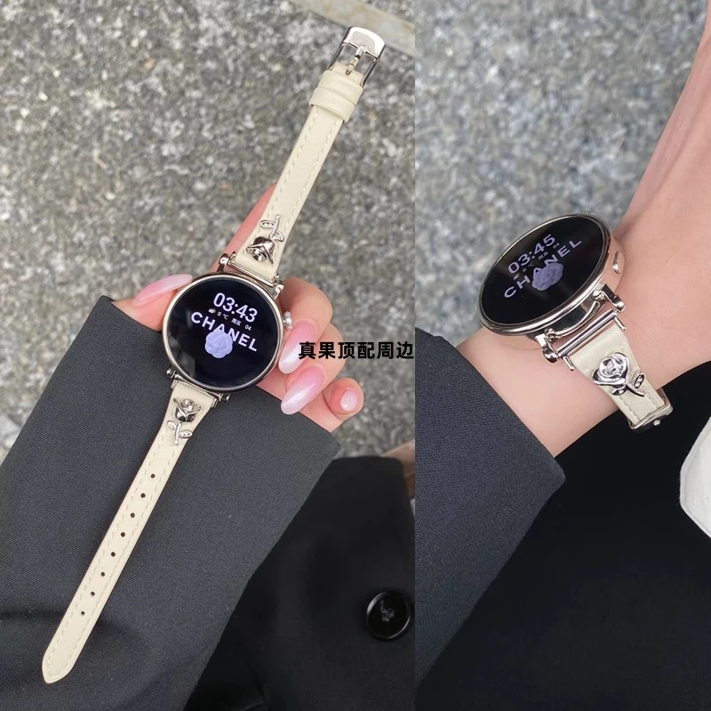 适用华为gt5手表表带gt4玫瑰花真皮gt3女款watch4pro创意细款腕带