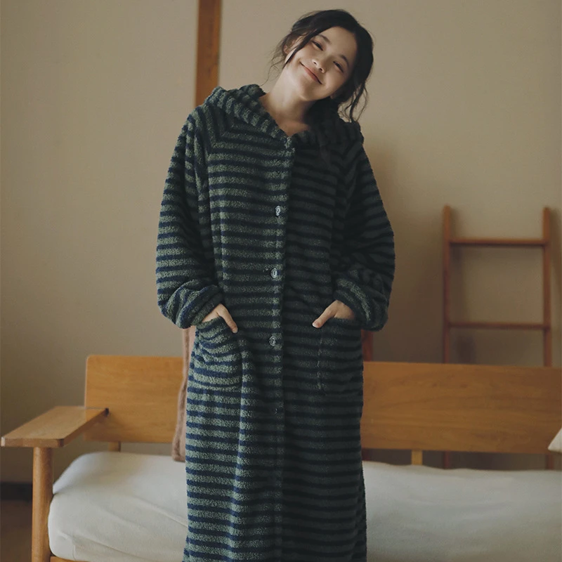 颜事局【晚青】秋冬加绒加厚女睡衣半边绒条纹睡袍浴袍保暖家居服