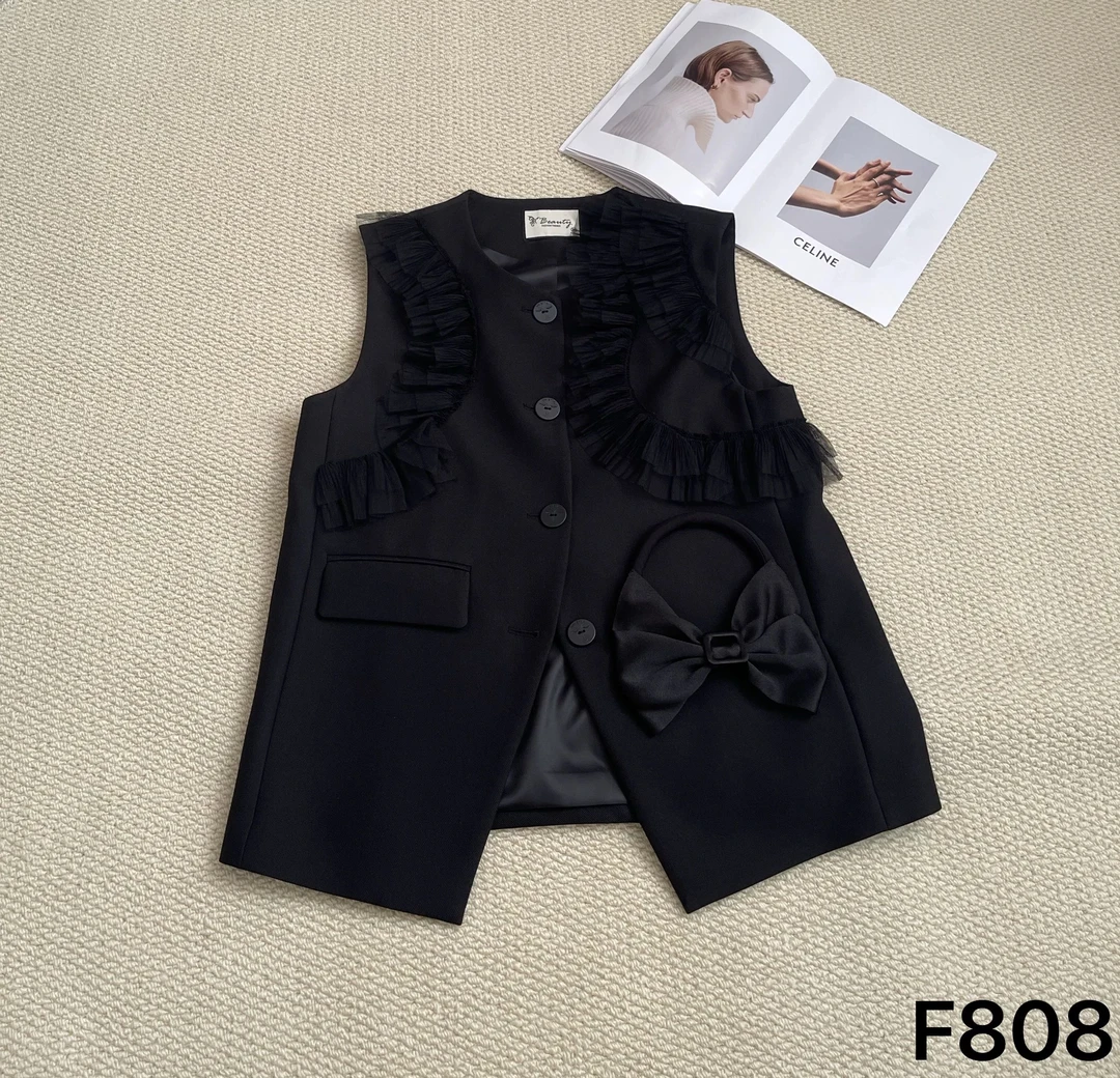 欧洲站2025春季新款欧货女装无袖马夹网纱木耳边蝴蝶结宽松显瘦