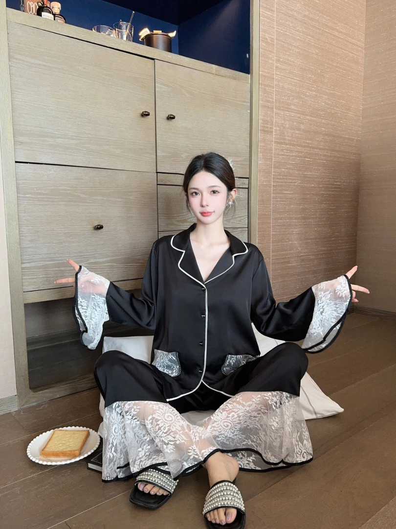 蕾丝拼接冰丝高级感可外穿春秋季女式家居服夏季睡衣长袖