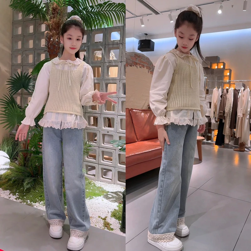 女童花边牛仔直筒裤搭配针织马甲套装春季洋气时尚上衣搭配打底衫