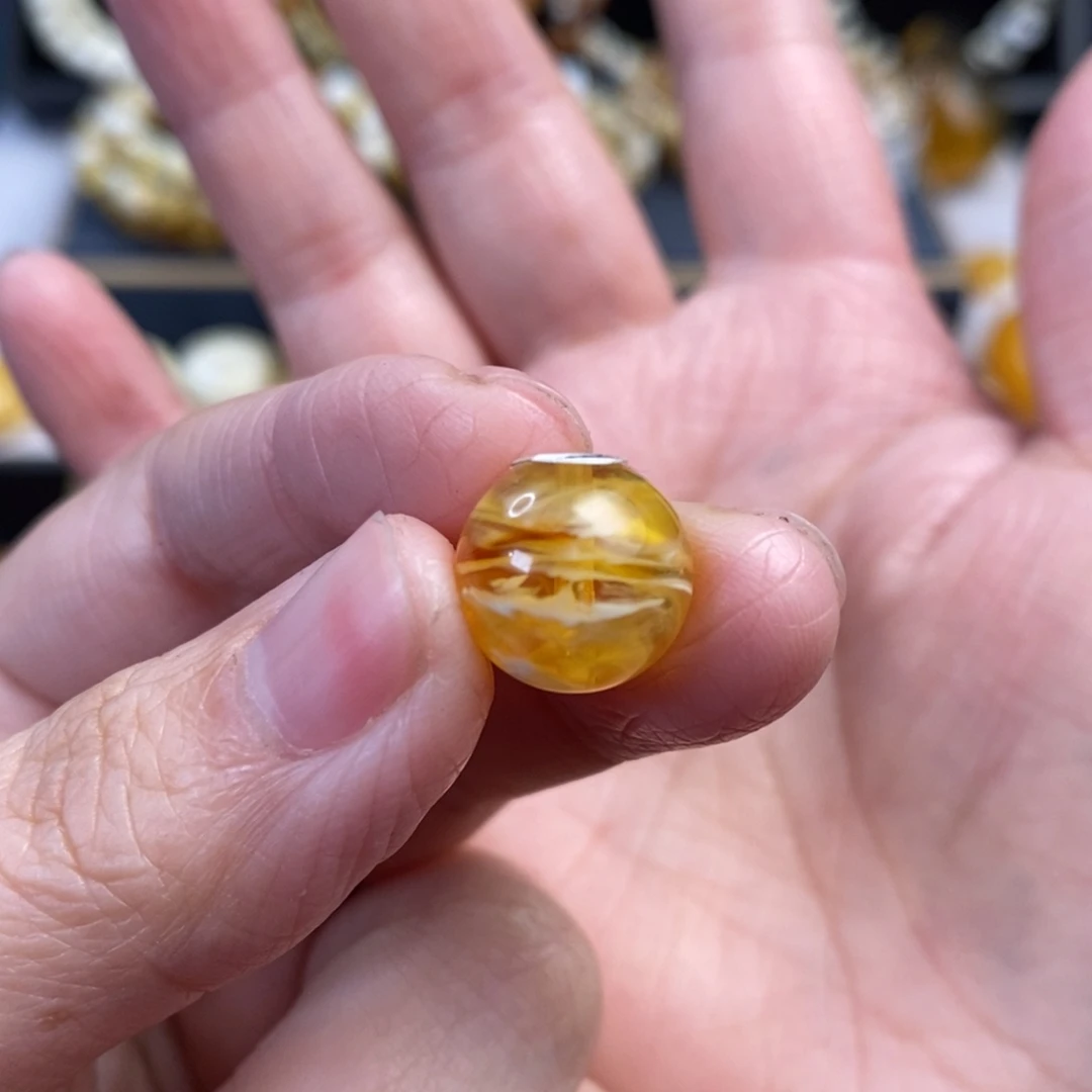 蜜蜡未镶嵌裸石金拉丝纹圆珠单珠12.5