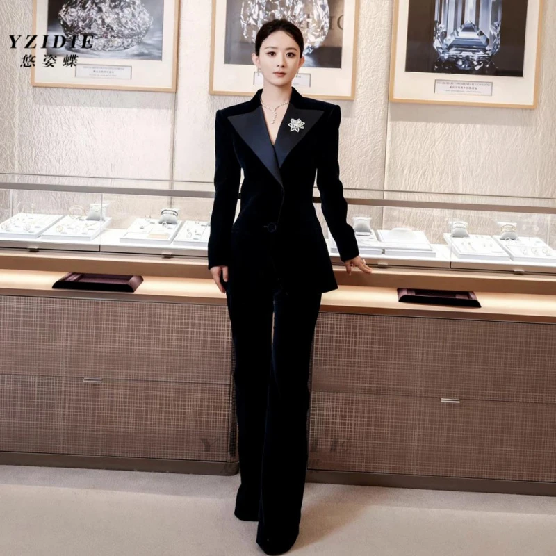 高定上班服2025秋季女总裁气质黑色丝绒收腰西装裤子两件套秋冬