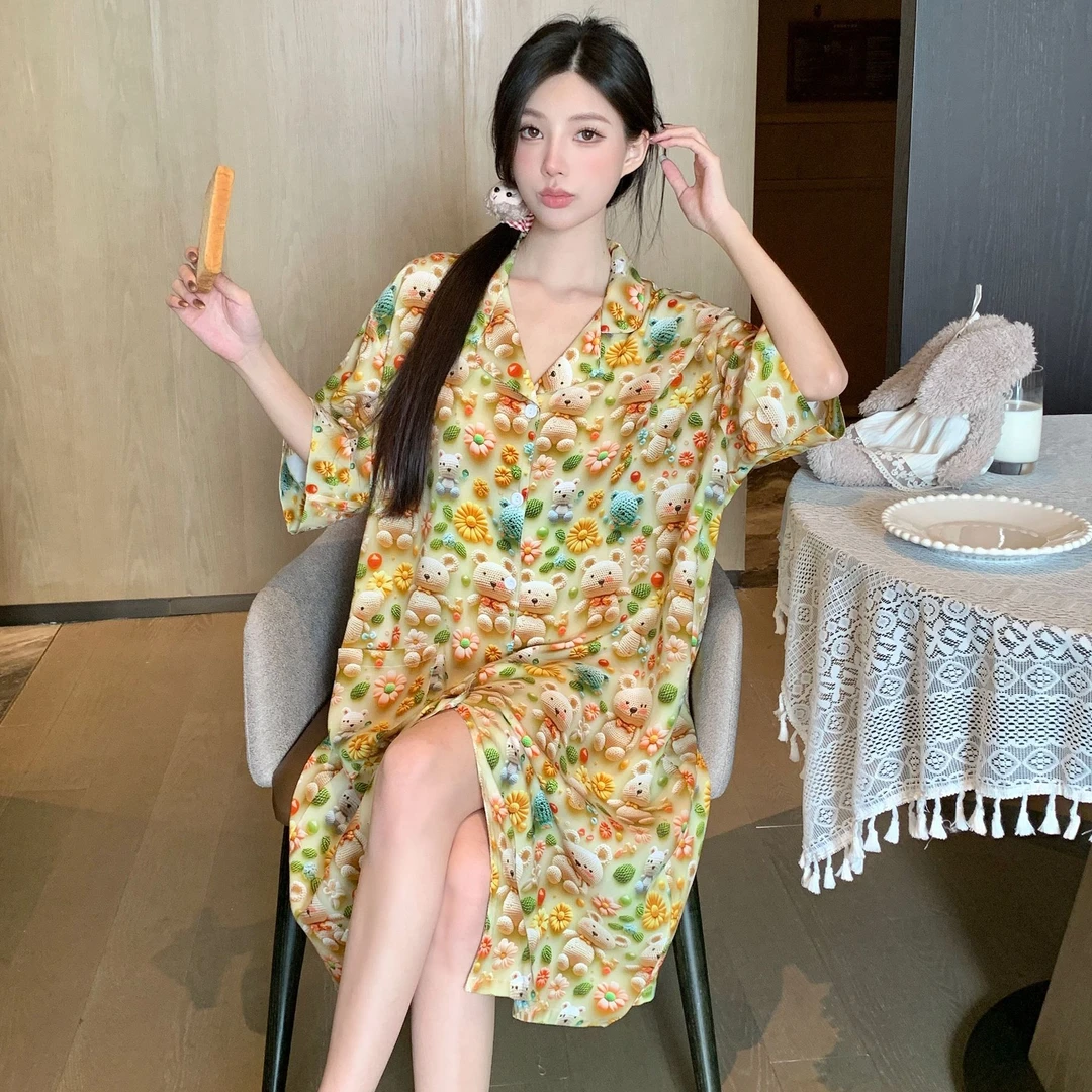 【5D小熊-睡裙】2025薄款夏季韩版加大码女款家居服透气宽松裙