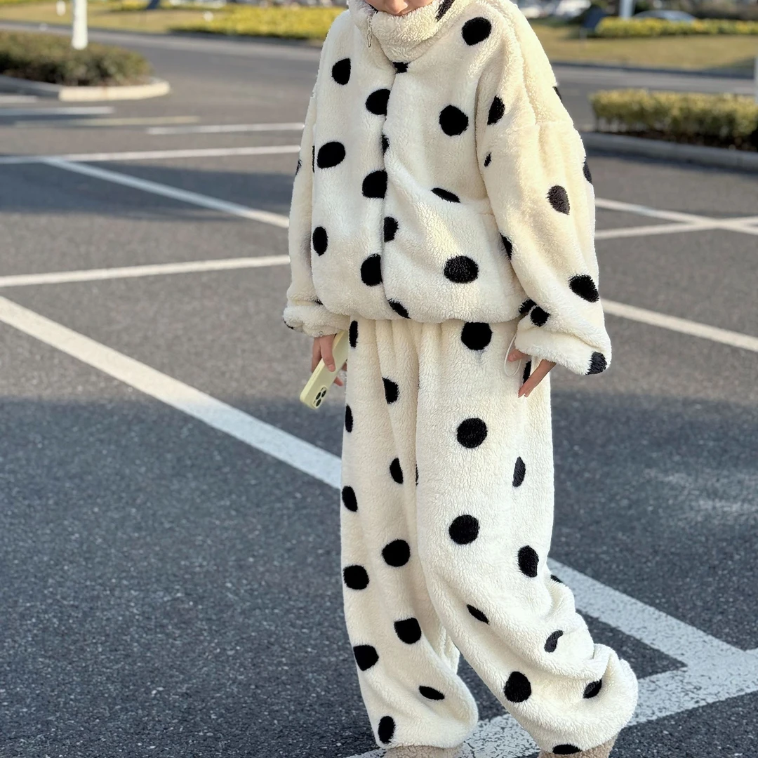 【主播同款】加绒加厚拉链开衫立领双面绒暖波点宽松家居服睡衣套装