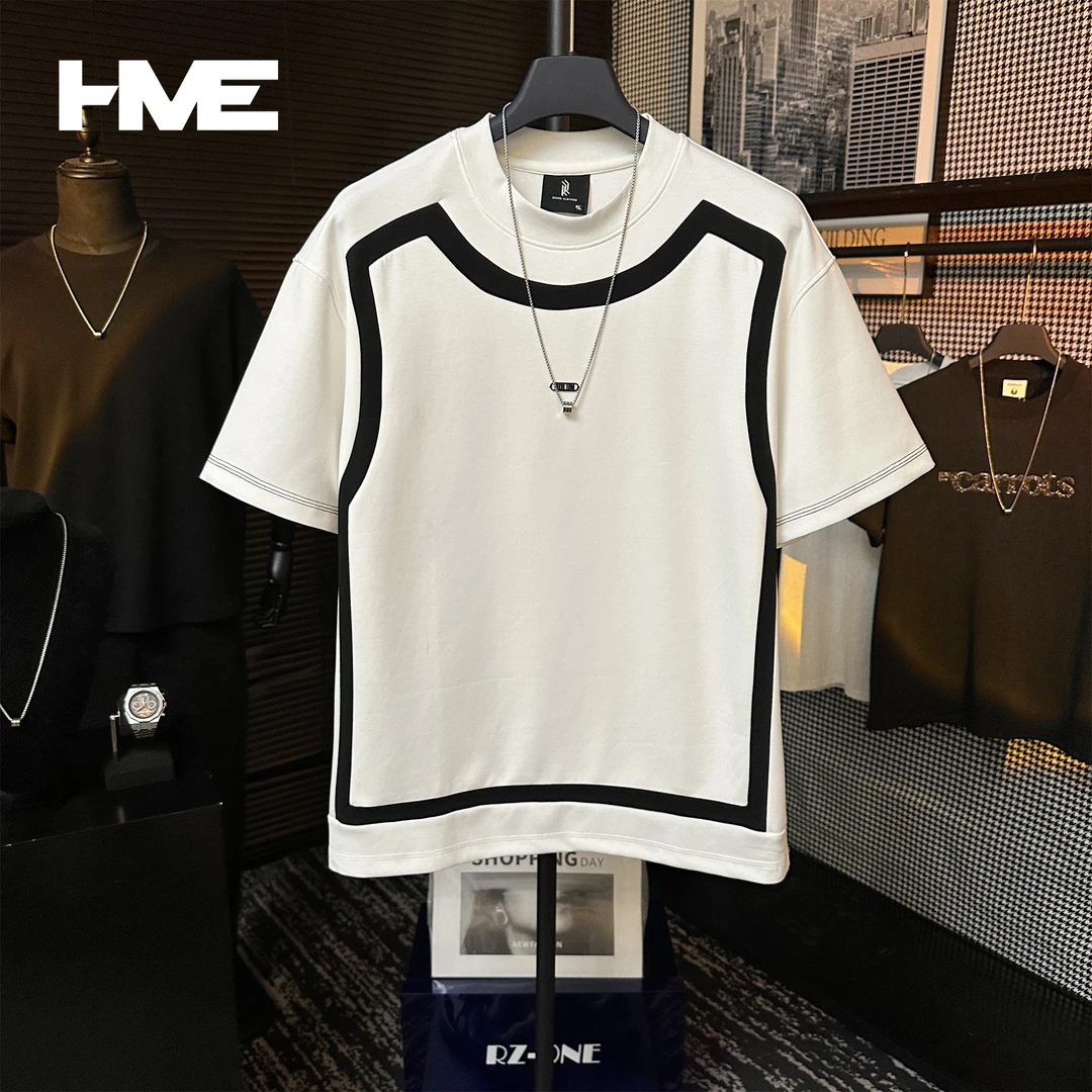 【HMEYAO】夏季原创撞色线条字母金属绣标设计冰感棉圆领短袖T恤男