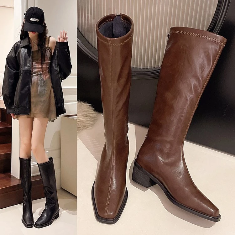 断码【4cm-跟高】加绒冬v口显瘦手抓纹真皮尖头时装长靴