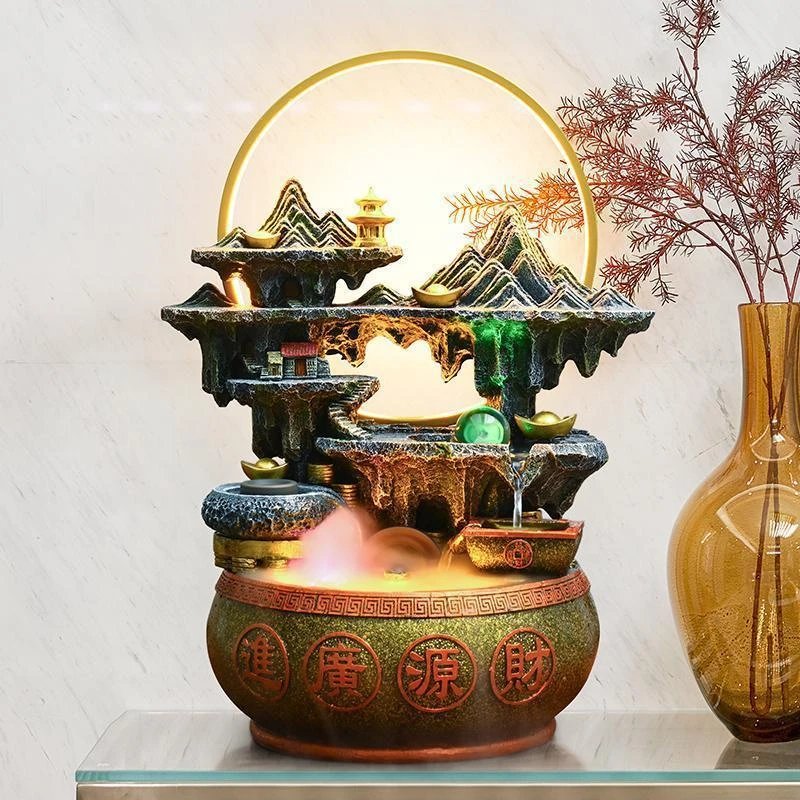 新中式假山流水喷泉办公室会议室茶桌面摆件风水轮风水球流水摆件