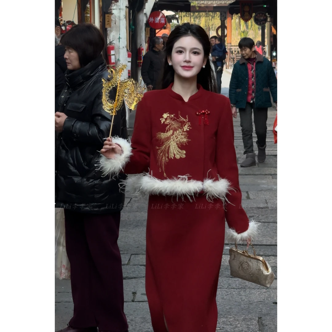【红霓裳】LiLi新中式斜门襟凤凰刺绣棉服外套+半裙XMZH5245