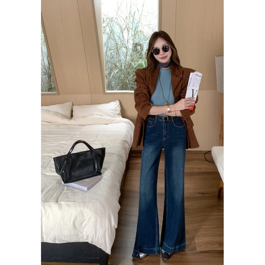 复古蓝色直筒微喇叭牛仔裤女春秋季新款高腰显瘦宽松休闲马蹄裤子