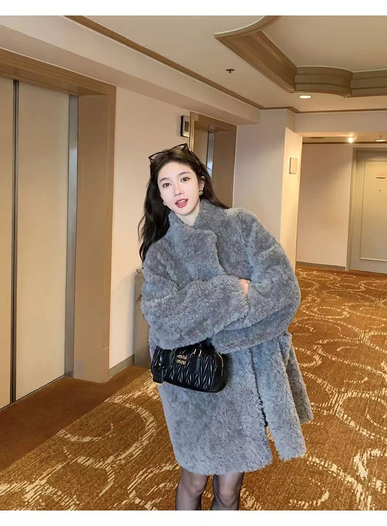 M+倩倩严选 100%澳洲羊毛韩系暗扣中长款颗粒羊毛外套女