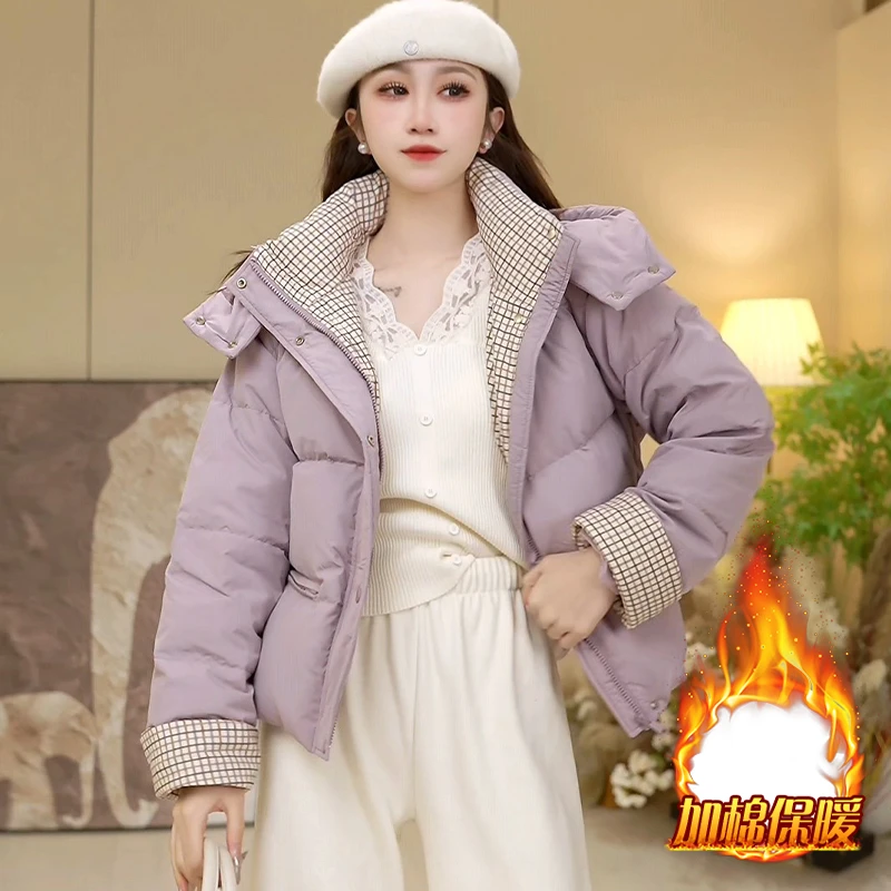 潮流连帽格纹短款棉服女2025年冬季新款宽松显瘦加厚保暖棉袄外套