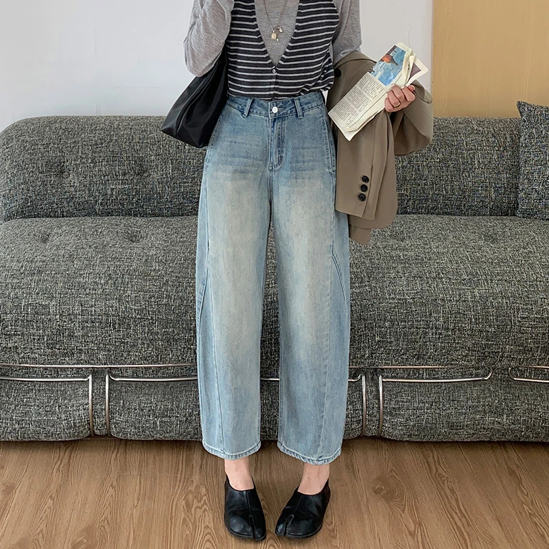 2025秋季新款浅色宽松奶奶裤小个子显瘦遮肉九分高腰哈伦牛仔裤女
