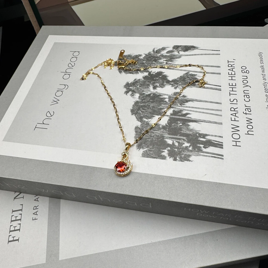 铜合金合成锆石项链 轻奢时尚百搭复古红色金色坠链项链xl2060