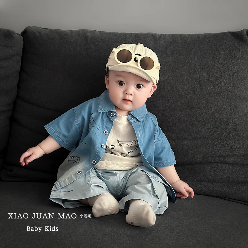 T25X71韩版夏款男女童衣服洋气渐变薄款软牛仔卡通衬衫婴幼儿百搭