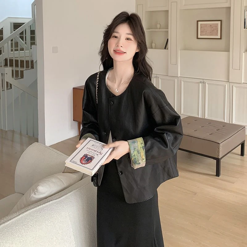 青绿山水国风新中式皮衣外套女2025秋装新款小众高级感皮夹克上衣