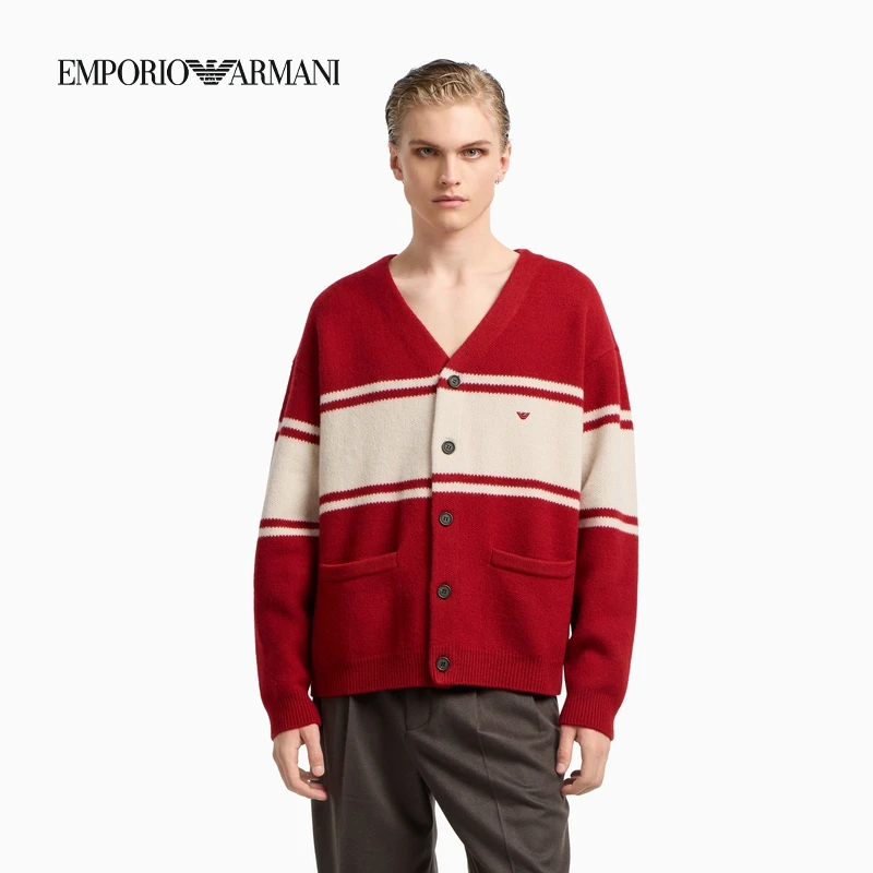 合并-EMPORIO ARMANI/秋冬新款情侣款男绵羊毛学院条纹针织开衫
