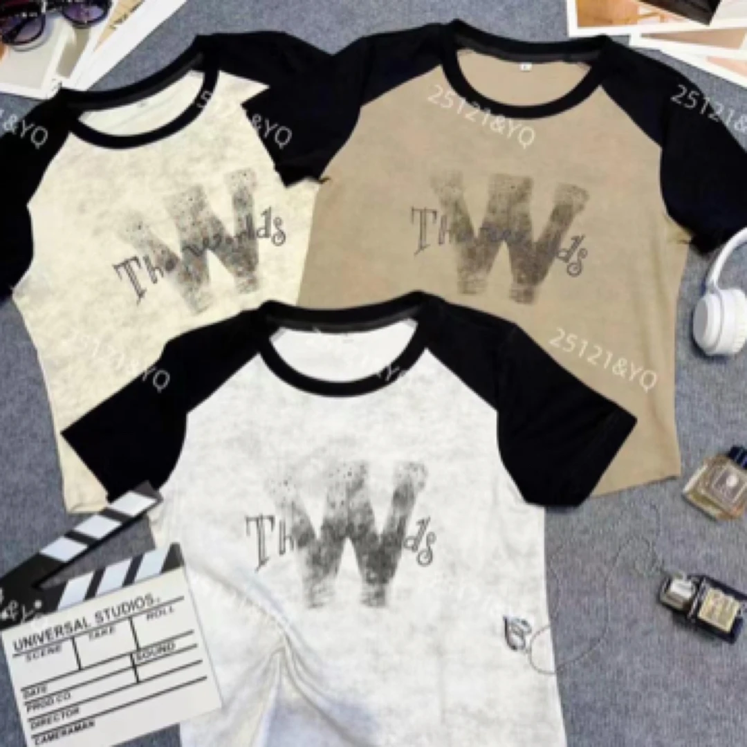 夏季拼色字母烫钻短袖上衣（25121）