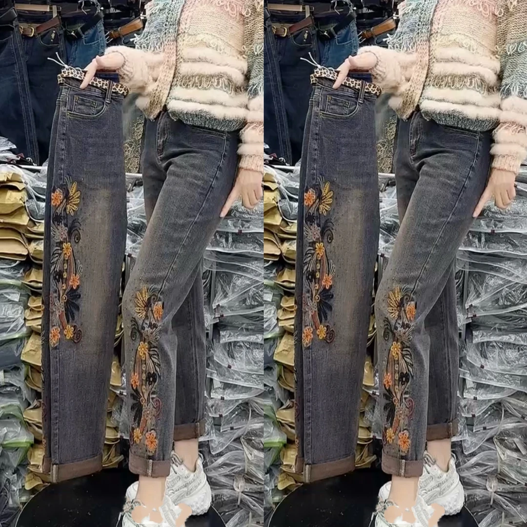 复古重工刺绣烫钻高腰显瘦百搭宽松微垮牛仔裤（无腰带）