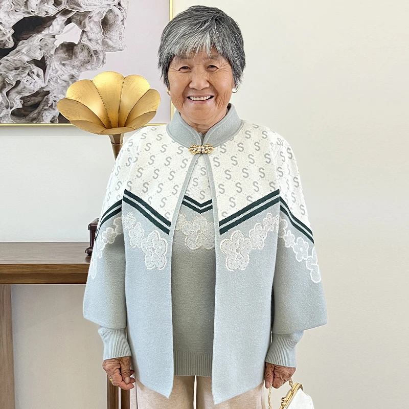 妈妈装秋装针织打底衫两件套老年人奶奶装秋季中老年毛衣气质外套