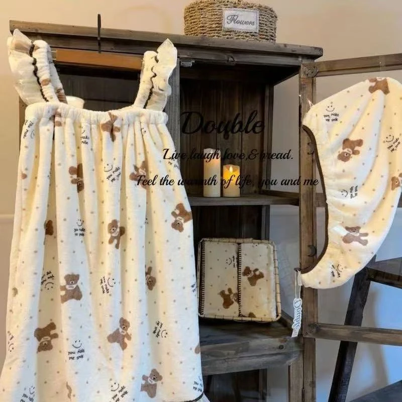 新款高端小熊玫瑰浴裙可穿式浴巾干发帽柔软吸水速干不掉毛家居服