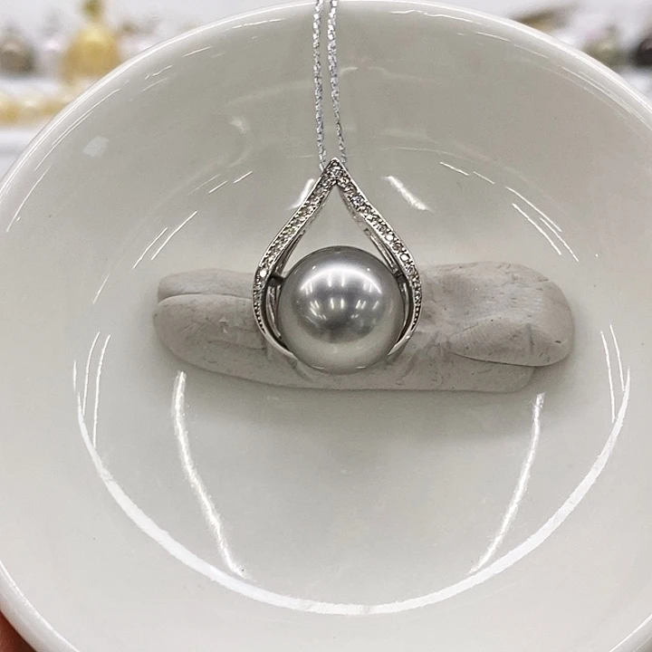 银S925镶嵌海水珍珠吊坠(不含链)铂金灰11-12mm