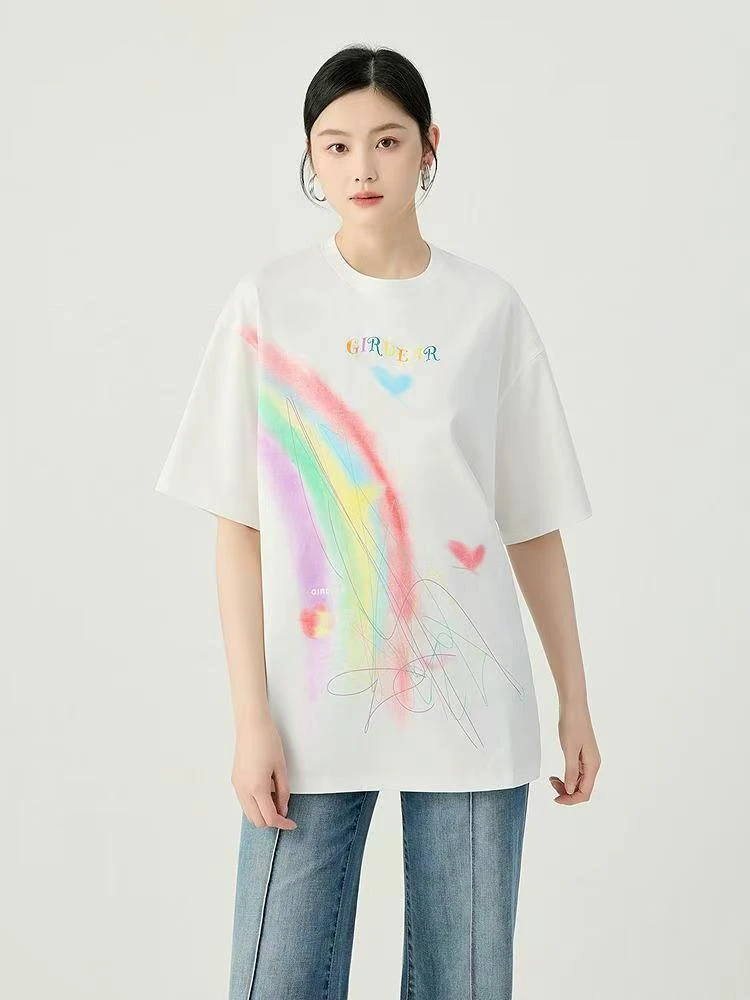 【商场同款】彩虹印花T恤2025年新款时尚休闲风短袖纯棉上衣130065