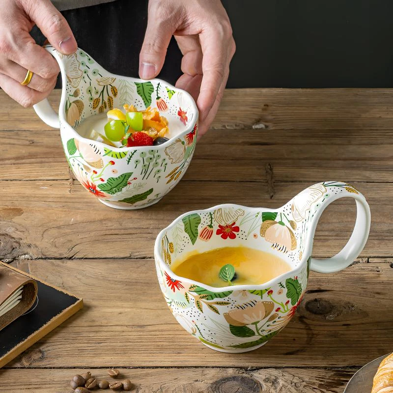 【兮房】七彩云花陶瓷曲把杯早餐杯大容量马克杯咖啡杯网红款大号