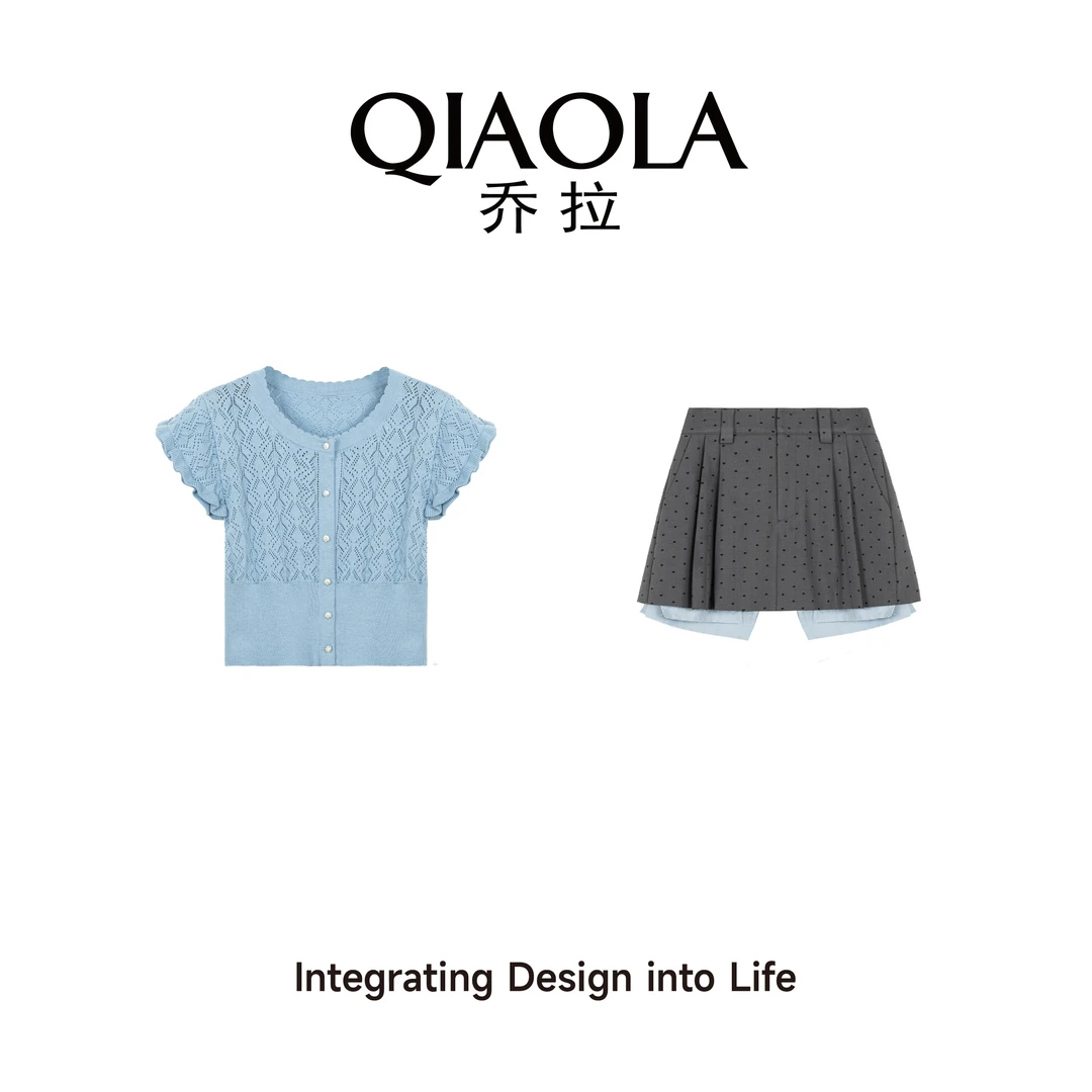 QIAOLA/乔拉【甜心奶泡】夏新款毛织圆领设计显瘦百搭时尚套装