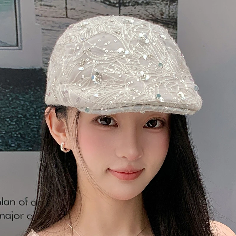 夏天镂空网纱亮片贝雷帽薄款季防晒女士鸭舌帽短檐帽身加深棒球帽