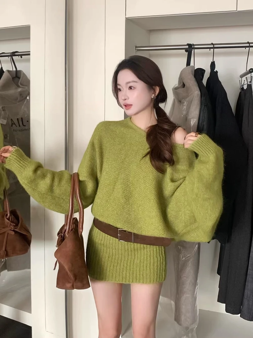 网红洋气纯欲慵懒风显瘦包臀裙子韩版女装性感一字肩针织连衣裙
