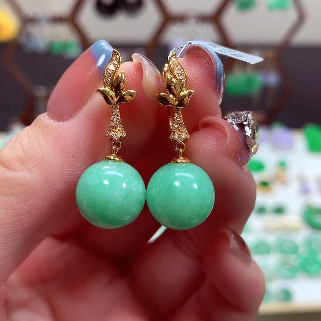 翡翠耳饰18K金镶嵌天然翡翠