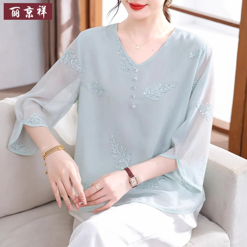 中年妈妈时尚雪纺小衫夏季套装中老年女宽松短袖上衣两件套新款