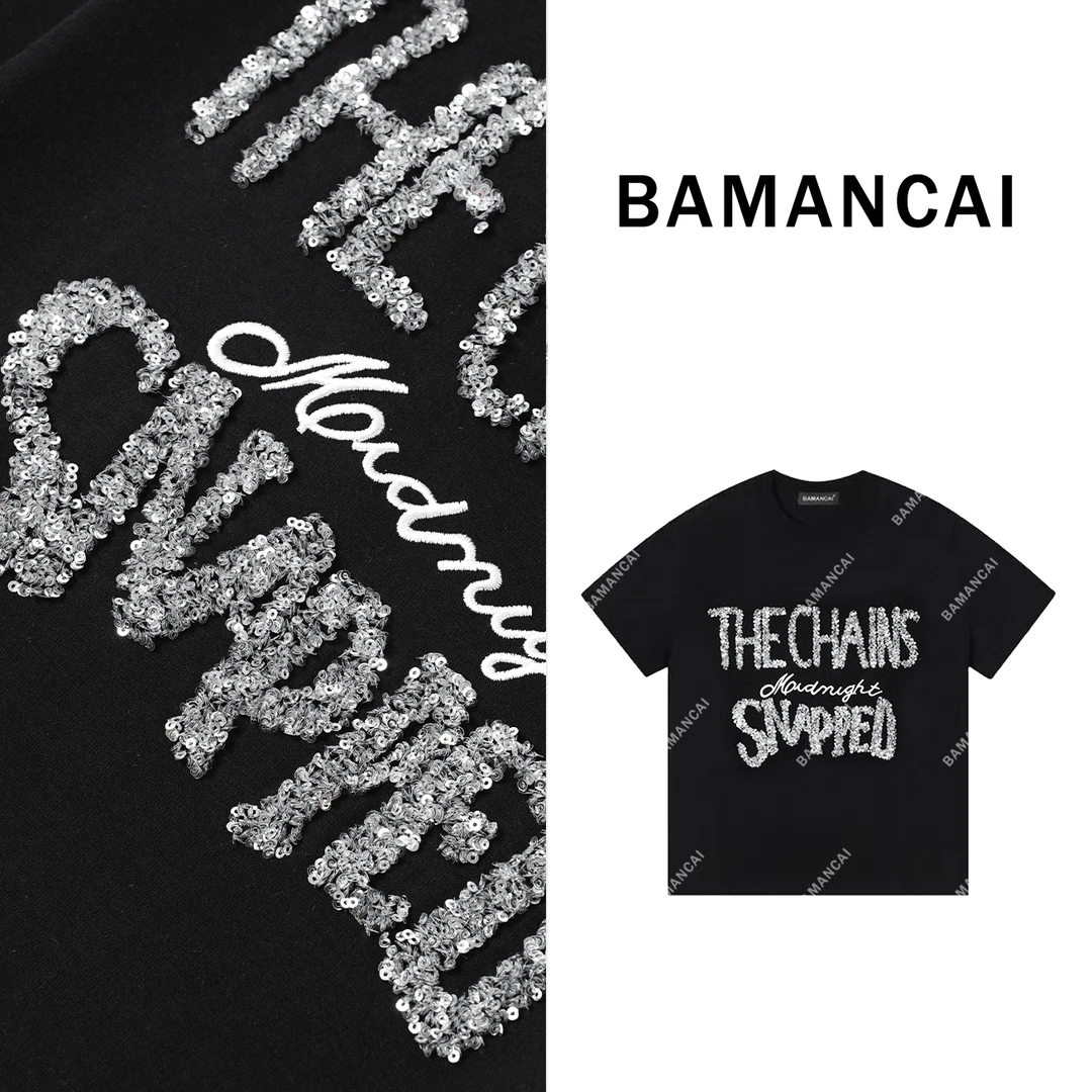 Bamancai-设计感新重工亮片字母新款纯棉宽松减龄百搭气质女T上衣