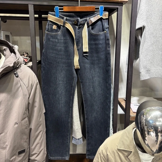 男冬季加绒加厚蓝色弹力牛仔裤正常小脚长裤6616