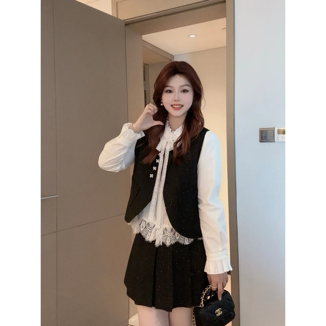 楠序鹿鹿微胖女装2025春新款时尚减龄显瘦马甲半裙两件套DD10161