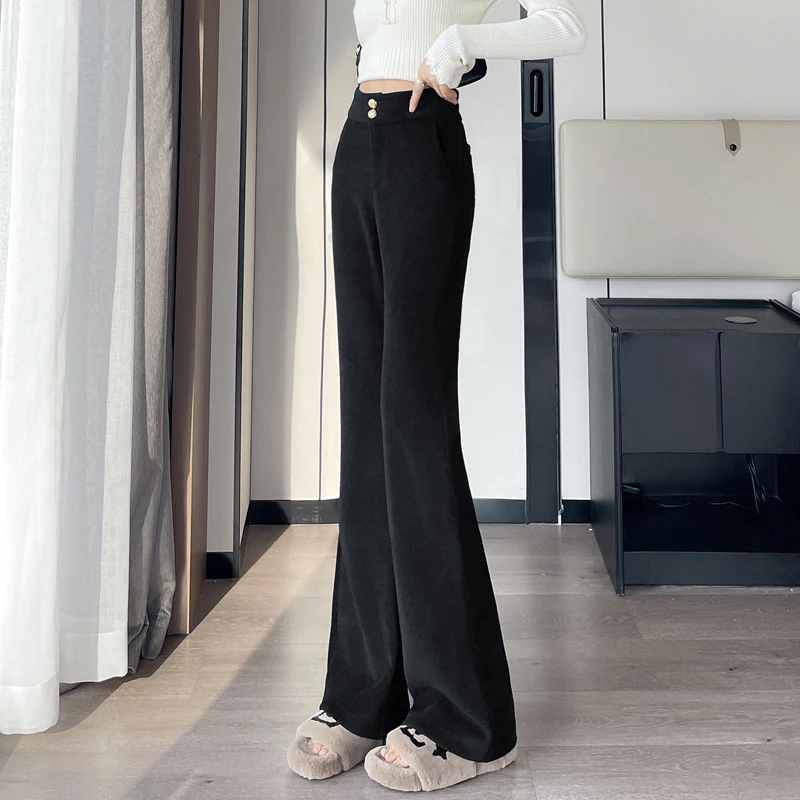 加绒加厚雪尼尔喇叭裤女秋冬新款高腰显瘦小个子灯芯绒微喇马蹄裤