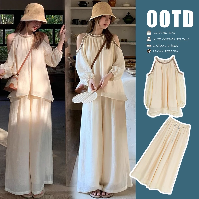 YNVO时尚~春夏秋新款度假风孕妇清爽透气露肩上衣+猪鼻阔腿裤套装