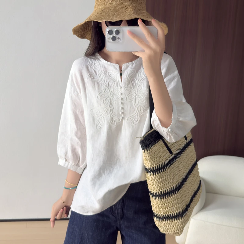 诗意气质~琎口100%亚麻国风刺绣衬衫女夏呼吸感复古时髦精致上衣