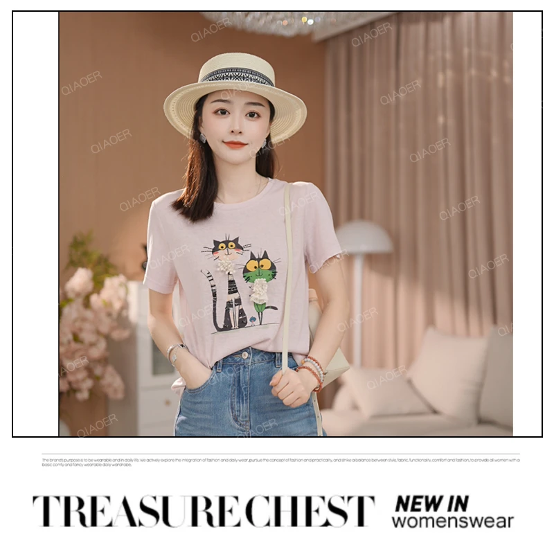 乔儿定制【情侣猫t】桑蚕丝+莱赛尔天丝+亚麻新款百搭T恤女薄款半