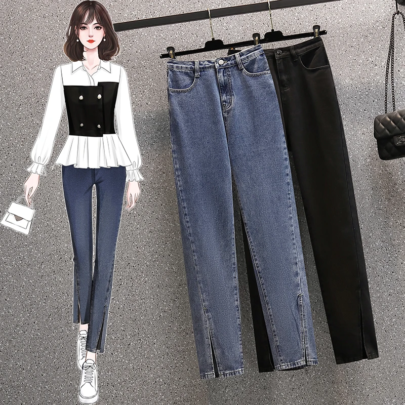 30003（43）春装新款时尚百搭显瘦开叉小直筒牛仔裤开叉裤长裤