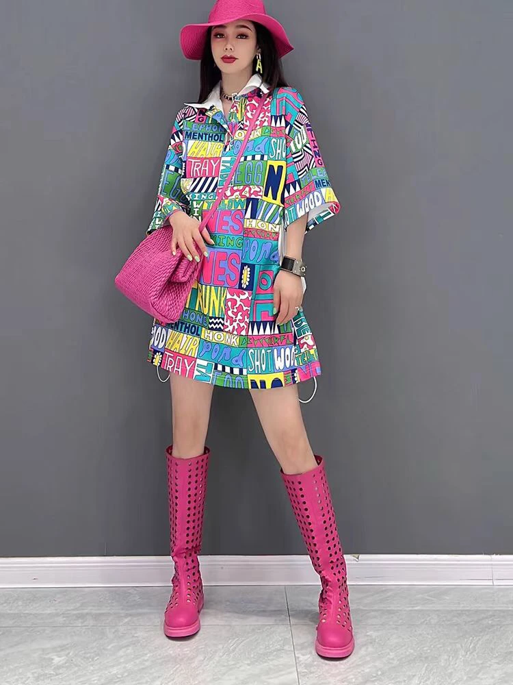 欧洲站2025夏季新款洋气字母涂鸦连衣裙宽松中长款拼接连衣裙
