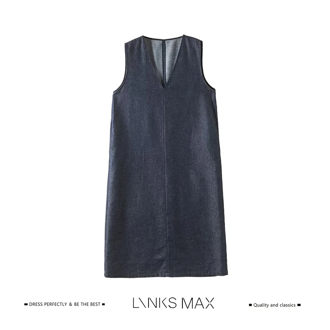 Links Max【可可专属】极简天丝亚麻复古V领无袖连衣长裙38109