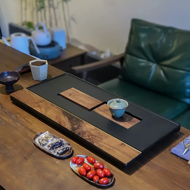 创意北美胡桃木茶盘家用乌金石茶台双结合排水简约新中式茶海托盘