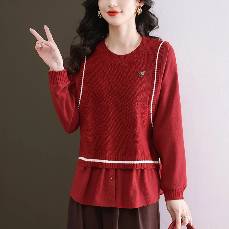 假两件女装春秋新款设计感拼接毛衣时尚洋气上衣打底衫衬衣女休闲